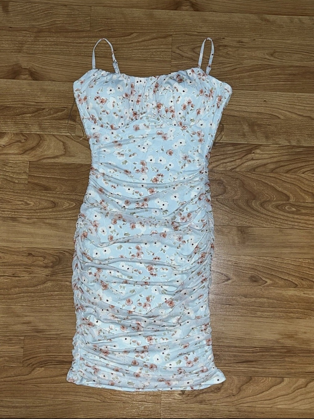 Windsor Light Blue Floral Ruched Spaghetti Strap Mini Dress